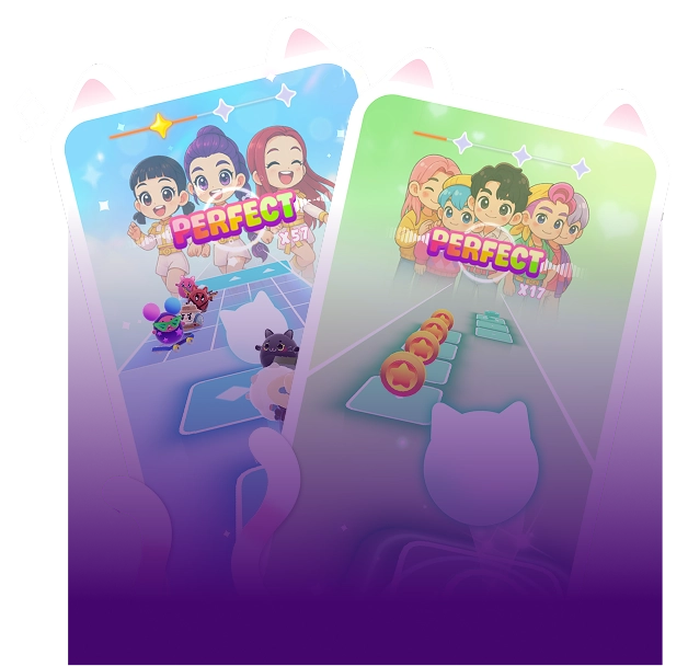 Scherm van een mobiele game met een kat die muzieknoten verzamelt op een pad, met de score „Perfect“. Kleurrijke figuren op de achtergrond. Tekst: „Eenvoudig te spelen