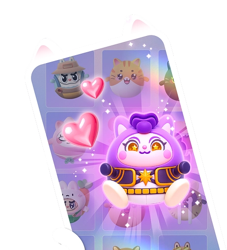 Een helder en kleurrijk spelscherm met een vrolijk, paars cartoonkatje, sterren, hartjes en muzieknoten, dat een speelse sfeer uitstraalt