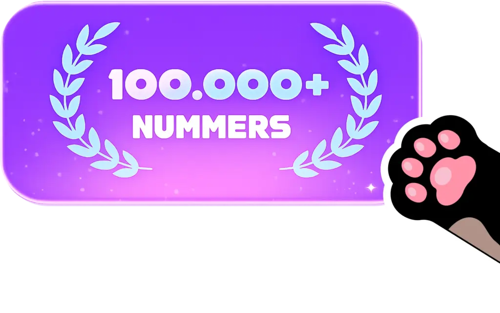 Een levendige paarse rechthoek met een gloeiende rand en een lauwerkrans toont in vetgedrukte letters de tekst „100.000+ nummers“, wat staat voor een prestatie of mijlpaal