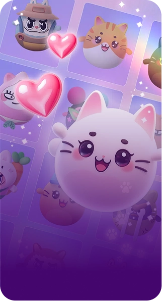 Op de afbeelding is een kleurrijke spelinterface te zien met schattige, ronde dierenfiguurtjes en een zwevende kat. De tekst luidt „Interessante personages“ in een vetgedrukt, speels lettertype