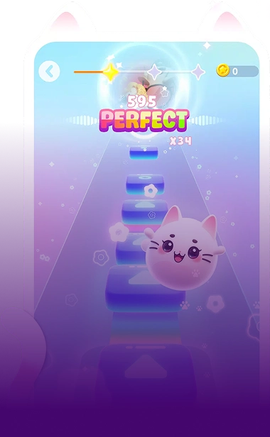 Een schattig kattenfiguurtje springt over gloeiende blauwe platforms in een kleurrijke, geanimeerde spelinterface, met daarboven de tekst “Amazing Gameplay”. Energiek en leuk